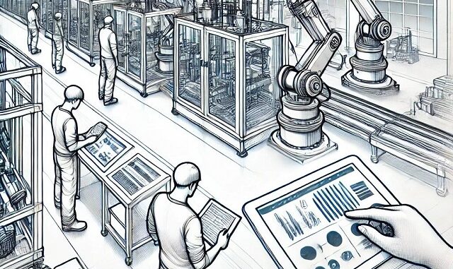 Illustration technique d'une ligne de production industrielle moderne avec des travailleurs utilisant des outils numériques pour surveiller les machines automatisées.