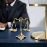 Bureau juridique élégant avec un gros plan de la balance de la justice dorée sur un bureau sombre et élégant.