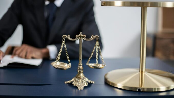 Administrateur judiciaire Bureau juridique élégant avec un gros plan de la balance de la justice dorée sur un bureau sombre et élégant.
