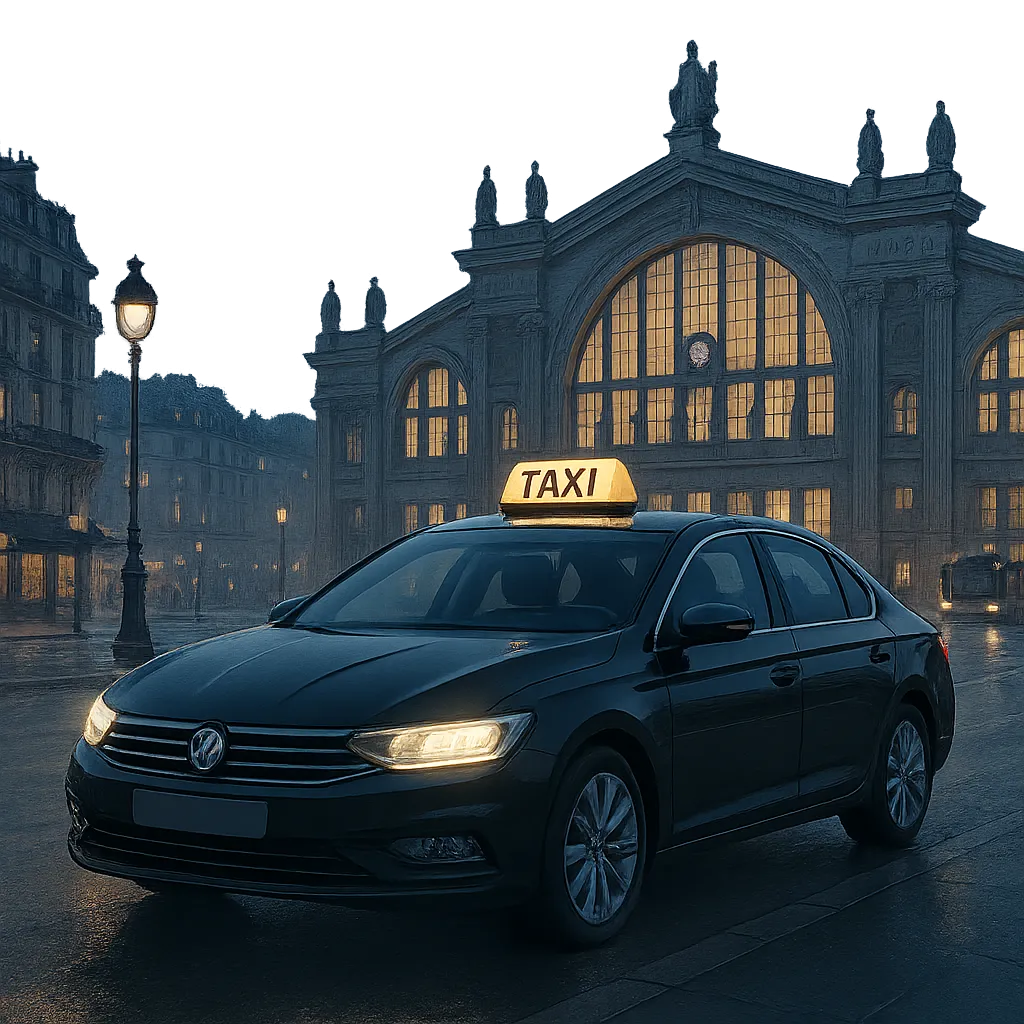 Illustration d’un taxi disponible à la Gare du Nord pour des trajets rapides et fiables. L’image évoque la réservation simple et la tranquillité malgré les perturbations.