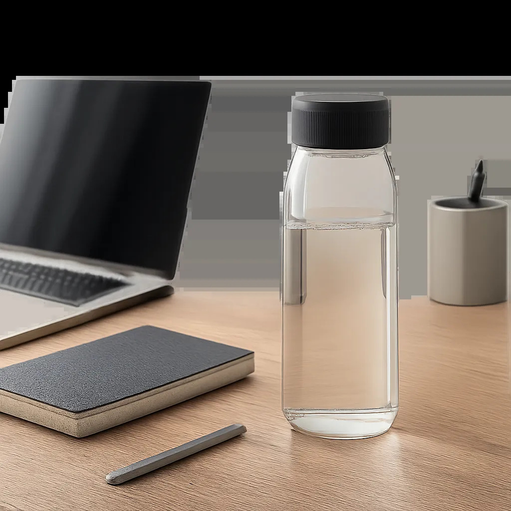 Un verre de bureau sobre et premium posé sur un poste de travail moderne. L’image illustre une hydratation discrète, régulière et parfaitement intégrée à la routine professionnelle.