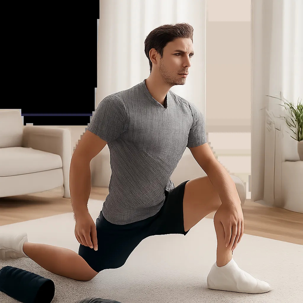 Illustration d’une routine simple pour assouplir les hanches après le sport. Une ambiance moderne et rassurante qui met en avant la récupération active et le confort d’utilisation.