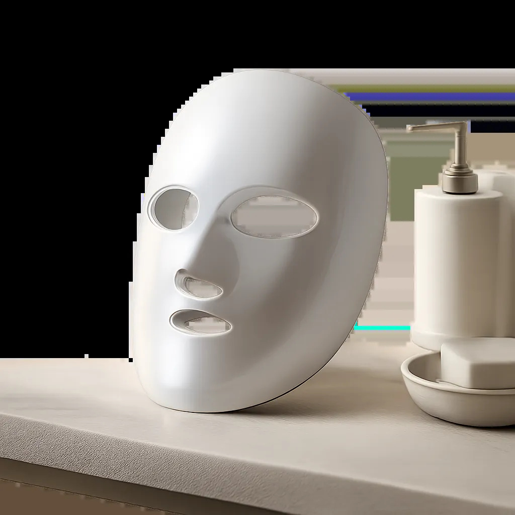 Visuel premium d’un masque LED beauté dans un univers minimaliste et rassurant. L’image évoque une routine visage à domicile simple, moderne et crédible.