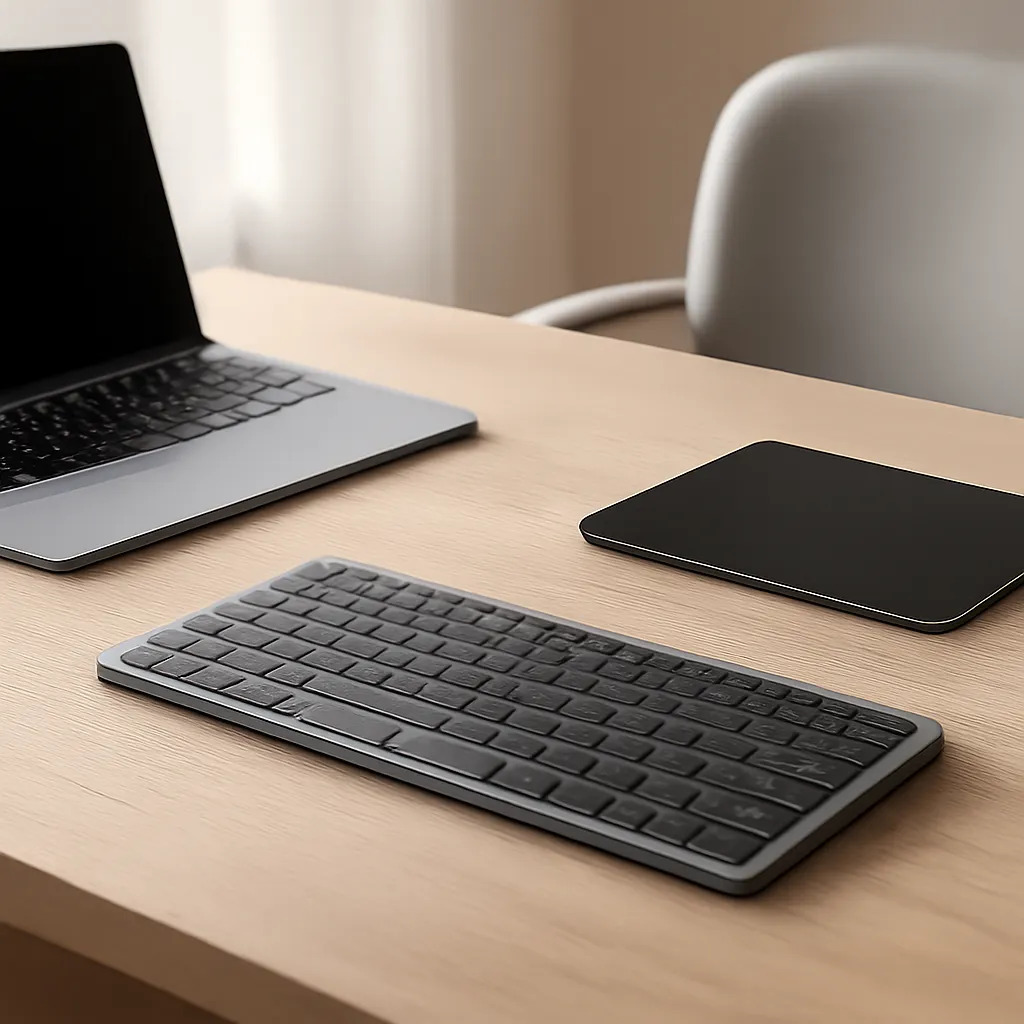 Une illustration d’un clavier Bluetooth premium dans un espace de travail moderne et épuré. L’image évoque la mobilité, le confort et l’organisation d’un bureau hybride.