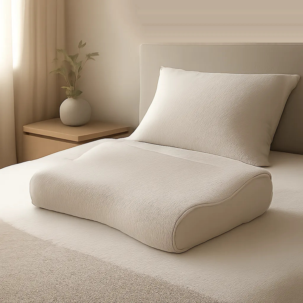 Illustration d’un oreiller cervical premium dans une chambre moderne et apaisante. L’image évoque le soutien de la nuque, l’alignement et le confort de sommeil.