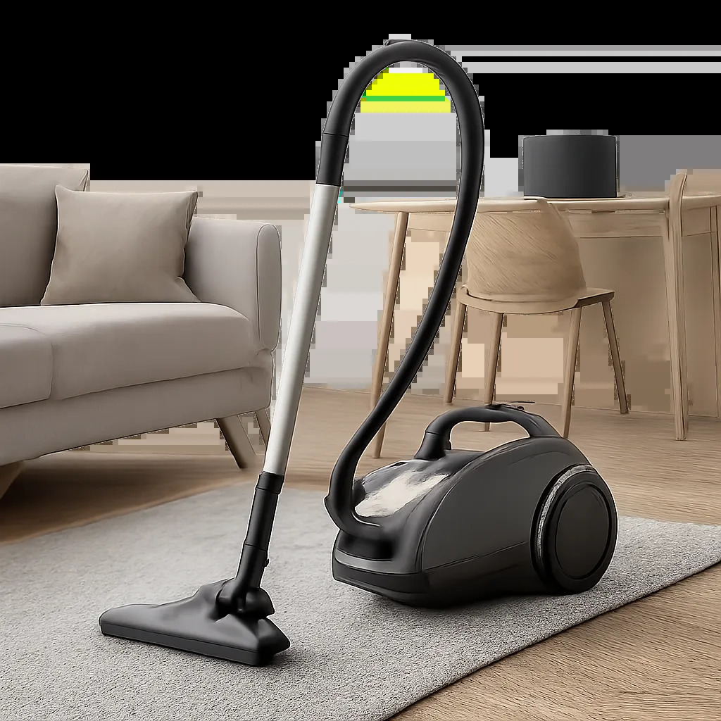 Visuel éditorial d’un aspirateur traîneau dans un intérieur moderne, évoquant le nettoyage silencieux et polyvalent. L’ambiance doit souligner le confort d’usage, la discrétion et l’efficacité sur plusieurs surfaces.
